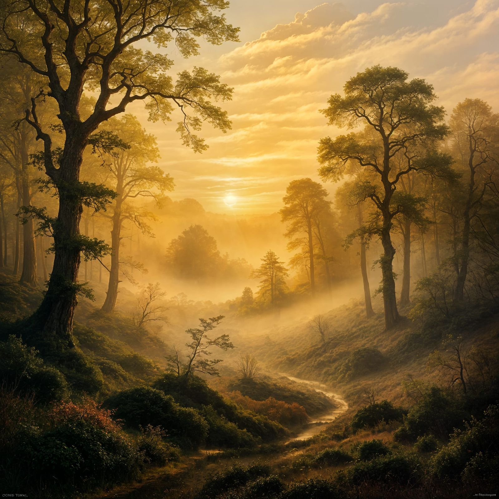 Misty Forest Landscape in Romantic Style