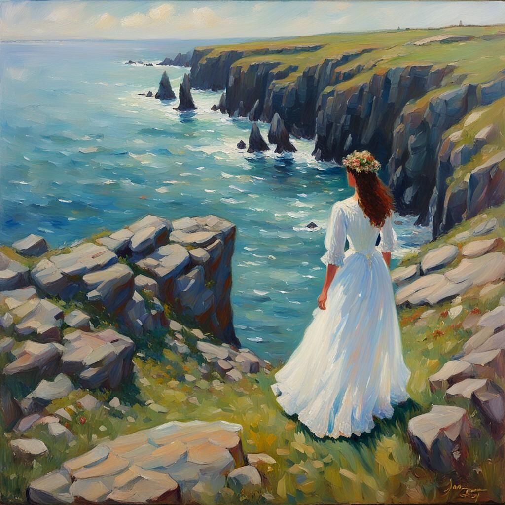 Woman on Irish Cliff in Impressionistic Style