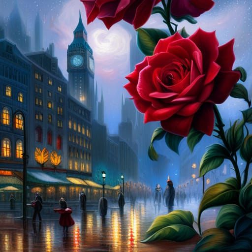 Red Roses Dancing in Rainy City: Fantasy Art