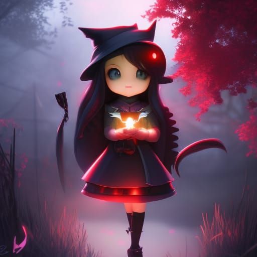 Chibi Witch on Moonlit Street in Anime Style