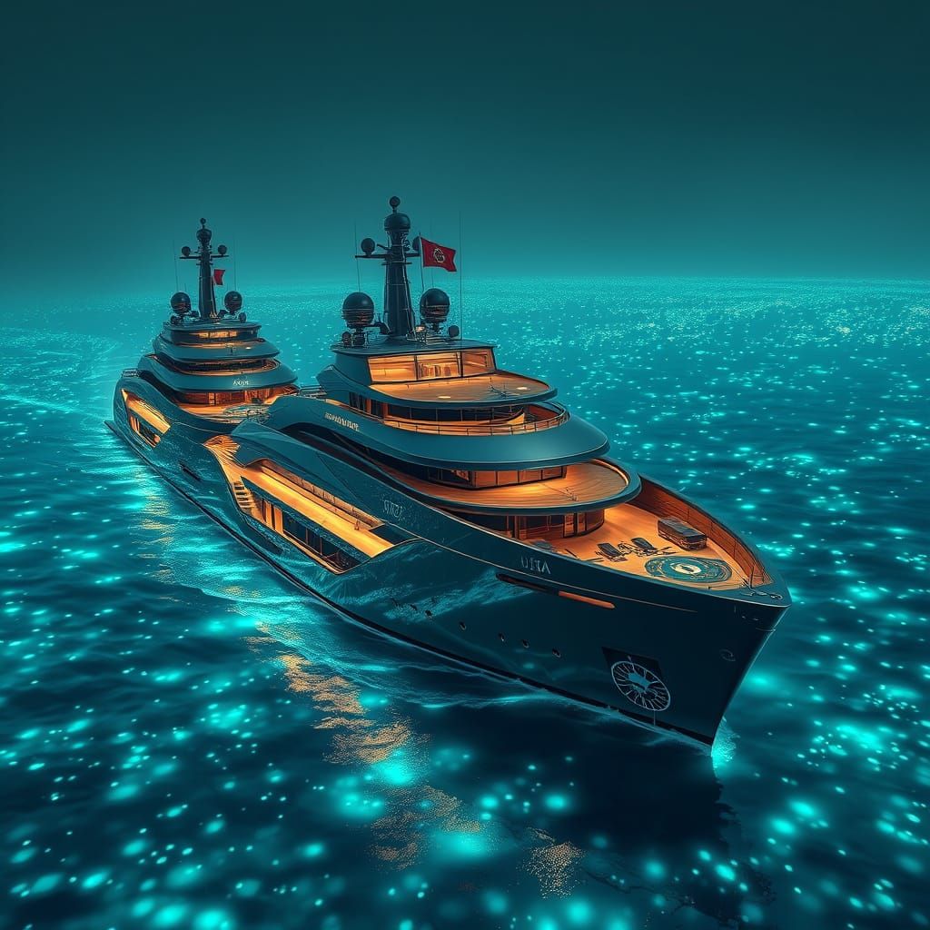 Superyachts Sailing Through Bioluminescent Bay in Futuristic...