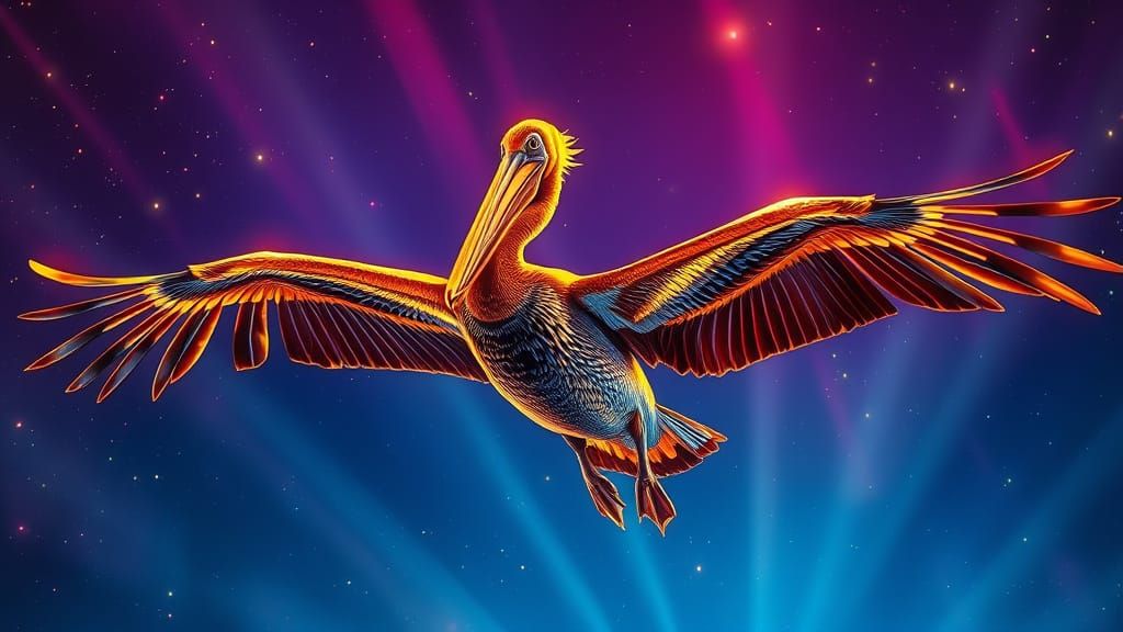 Giant Pelican with Gilded Feathers in Surreal Nightscape