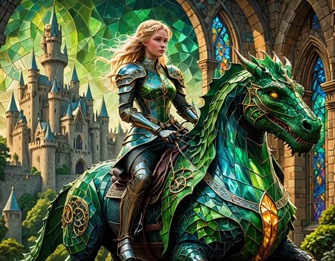 Blonde Knight on Green Dragon in Fractal Art Style