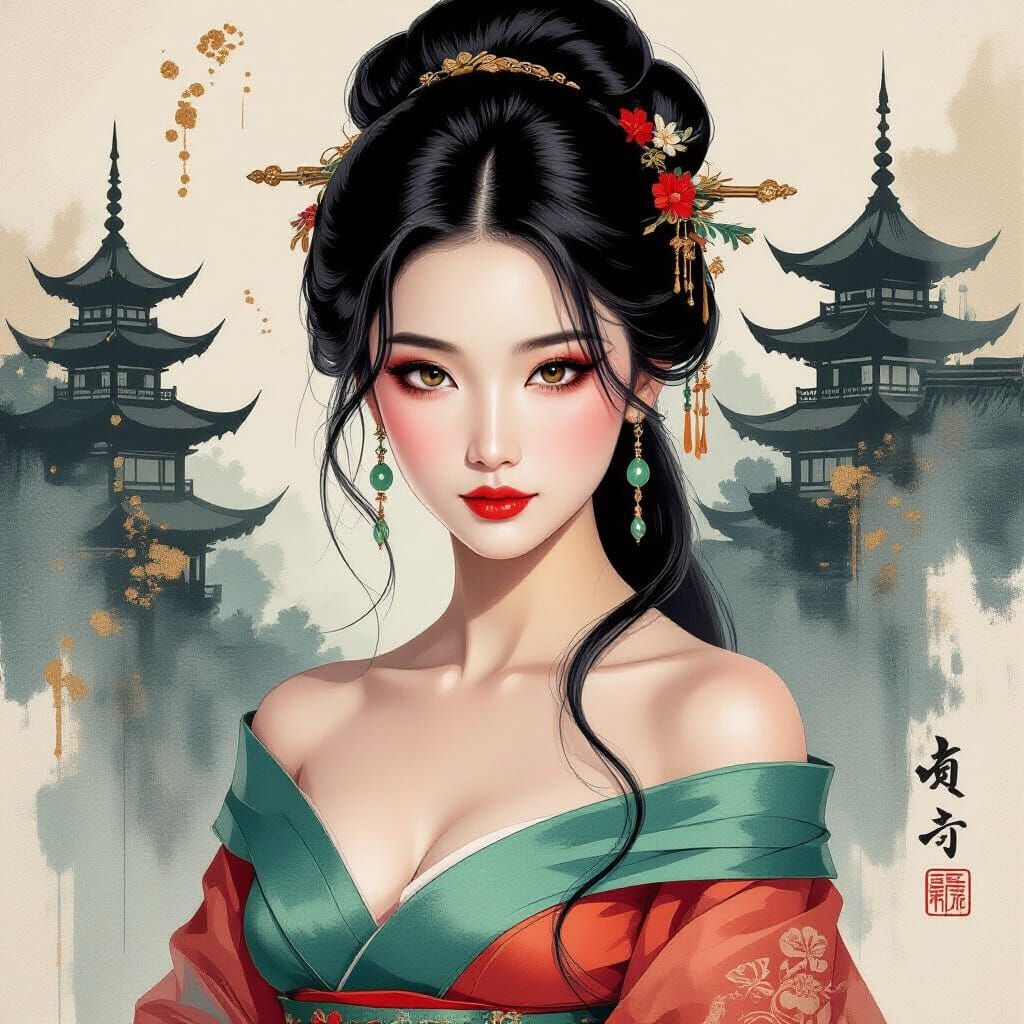 A striking modernist mixed-media oil painting depicts a youn...