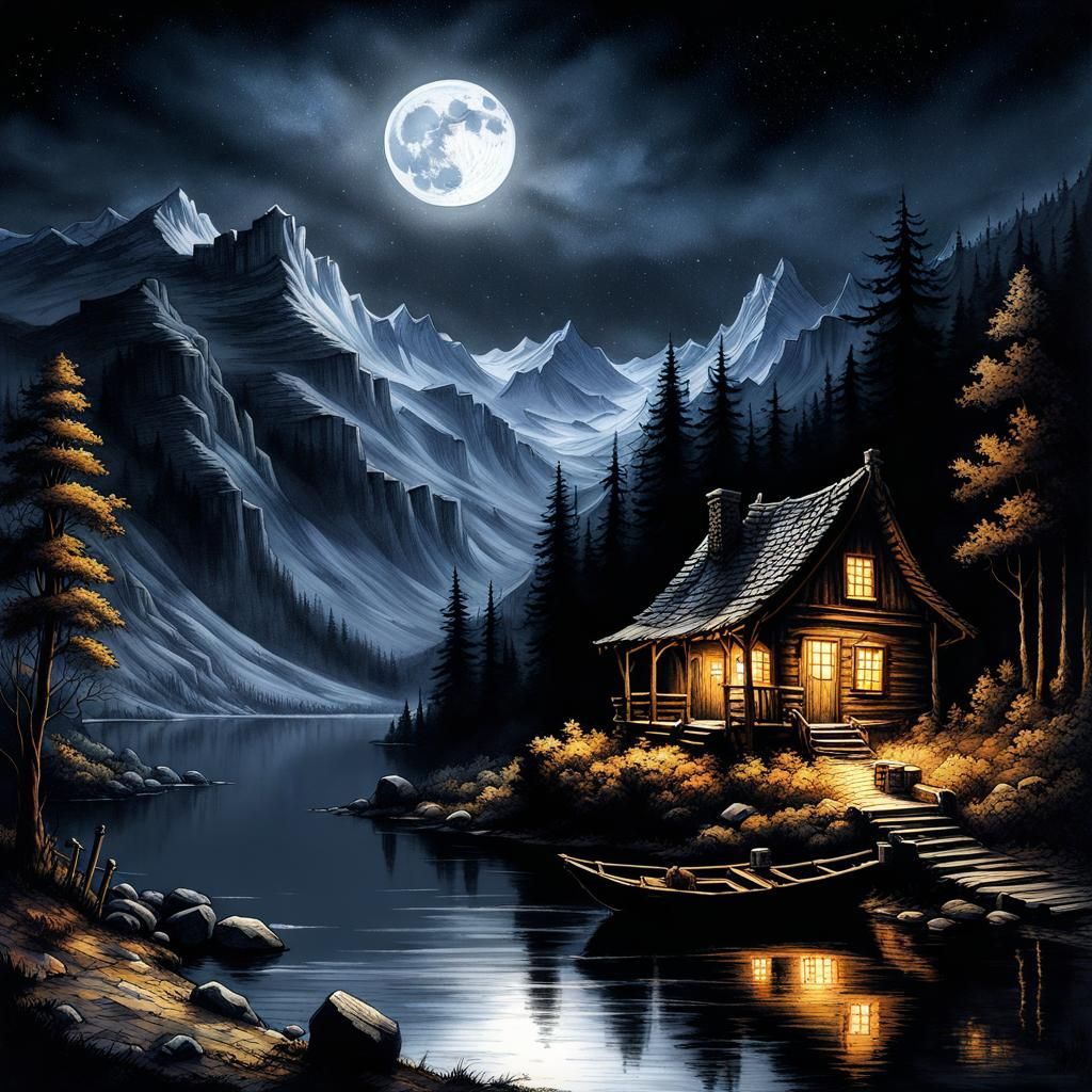 Gothic Cabin by Lake Under Glistening Stars