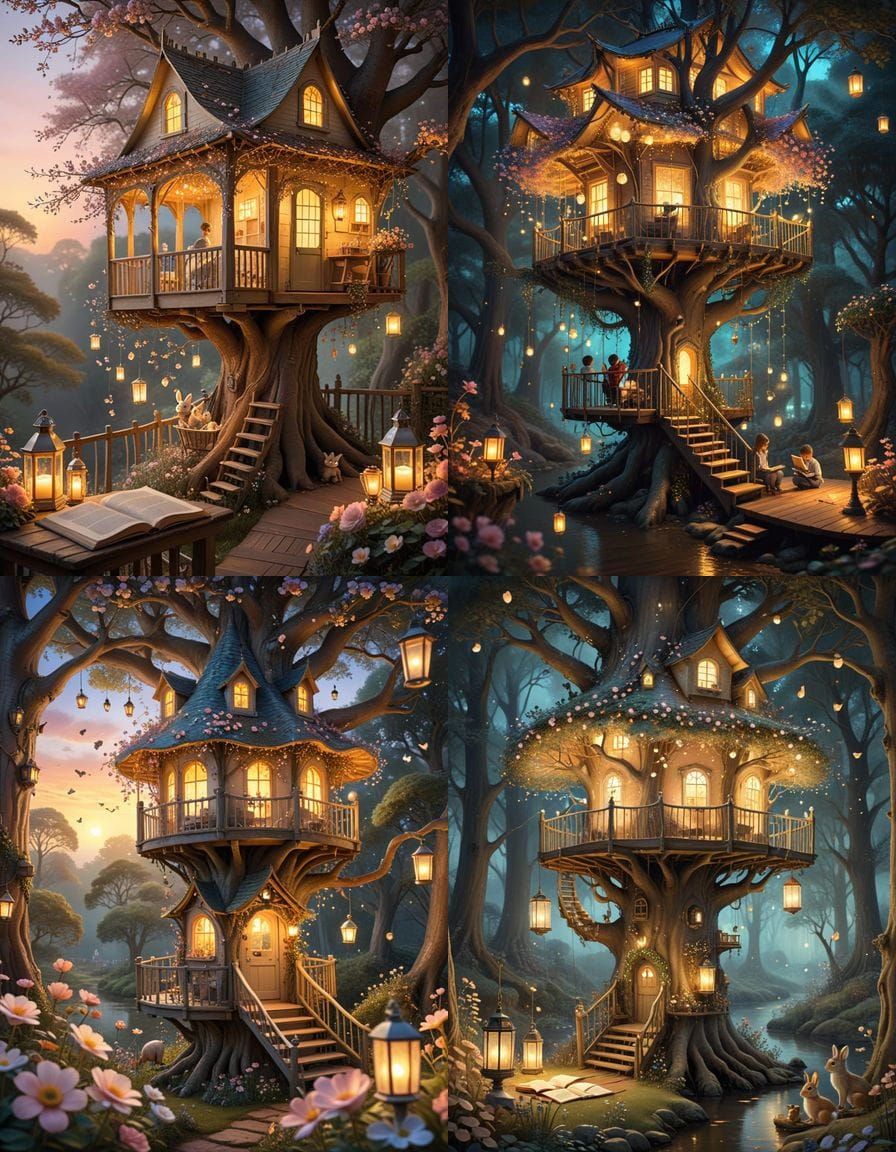 Enchanting Treehouse Scene at Sunset in Pastel