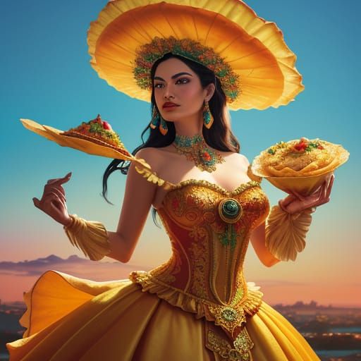 Surrealist Taco Goddess in Vibrant, Golden Light