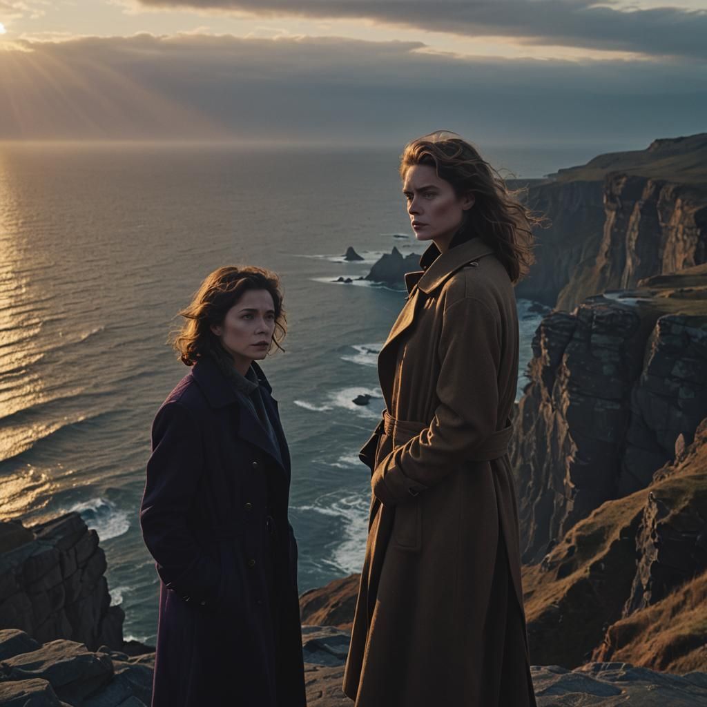 Woman on Cliff Edge in Moody Film Noir