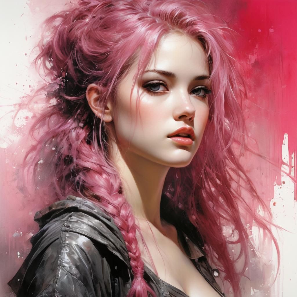 Pink Haired Woman: Detailed Monotone Illustration