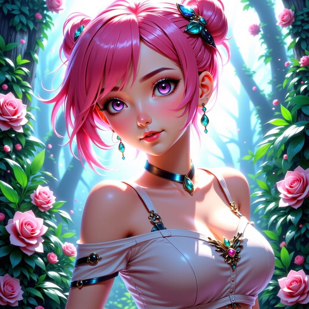 Cute Anime Girl in Detailed Fantasy Jungle