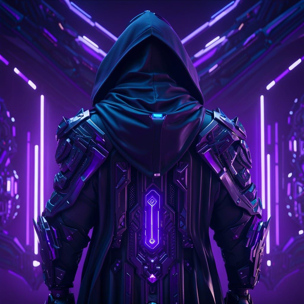 Cyberpunk Figure in Hooded Robe, Cinematic 3D Render