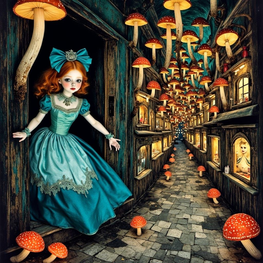 Alice Peeks into Eccentric Tavern in Surreal Illustration St...
