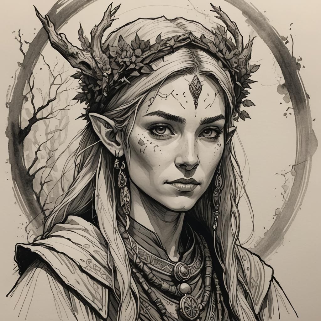 Female Druid Character Portrait in Pen and Ink