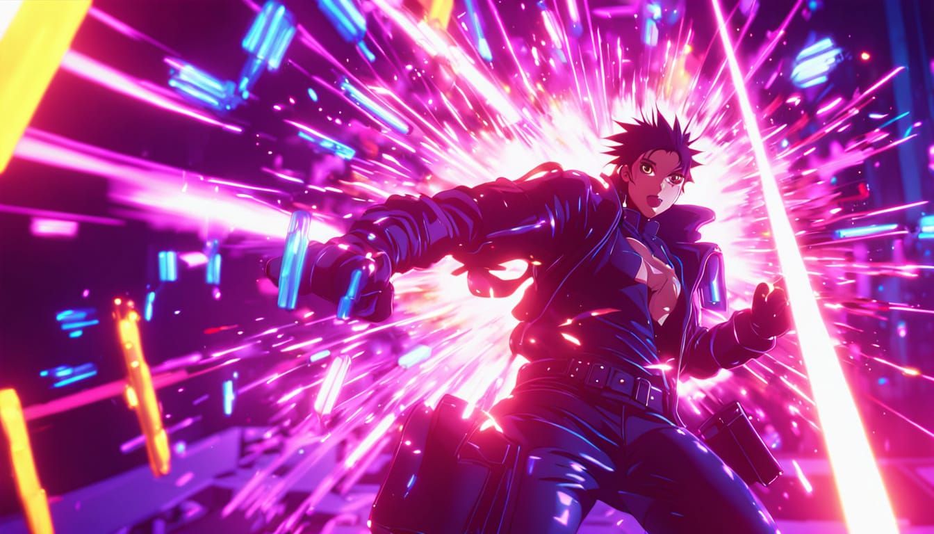 Vibrant 3D Anime Action Scene in Metallic Neon