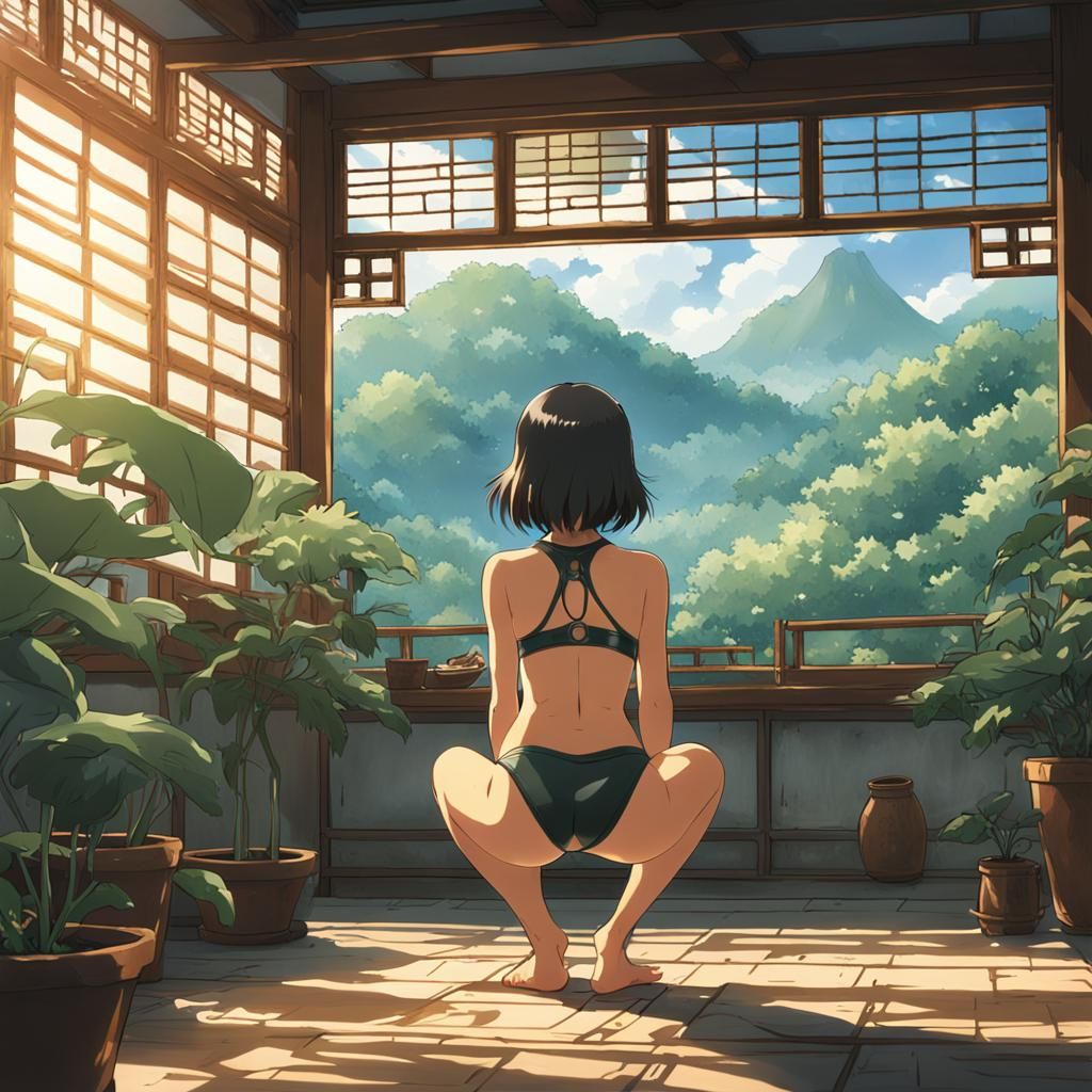 Asian Woman in Leather Bikini: Ghibli-Style Anime
