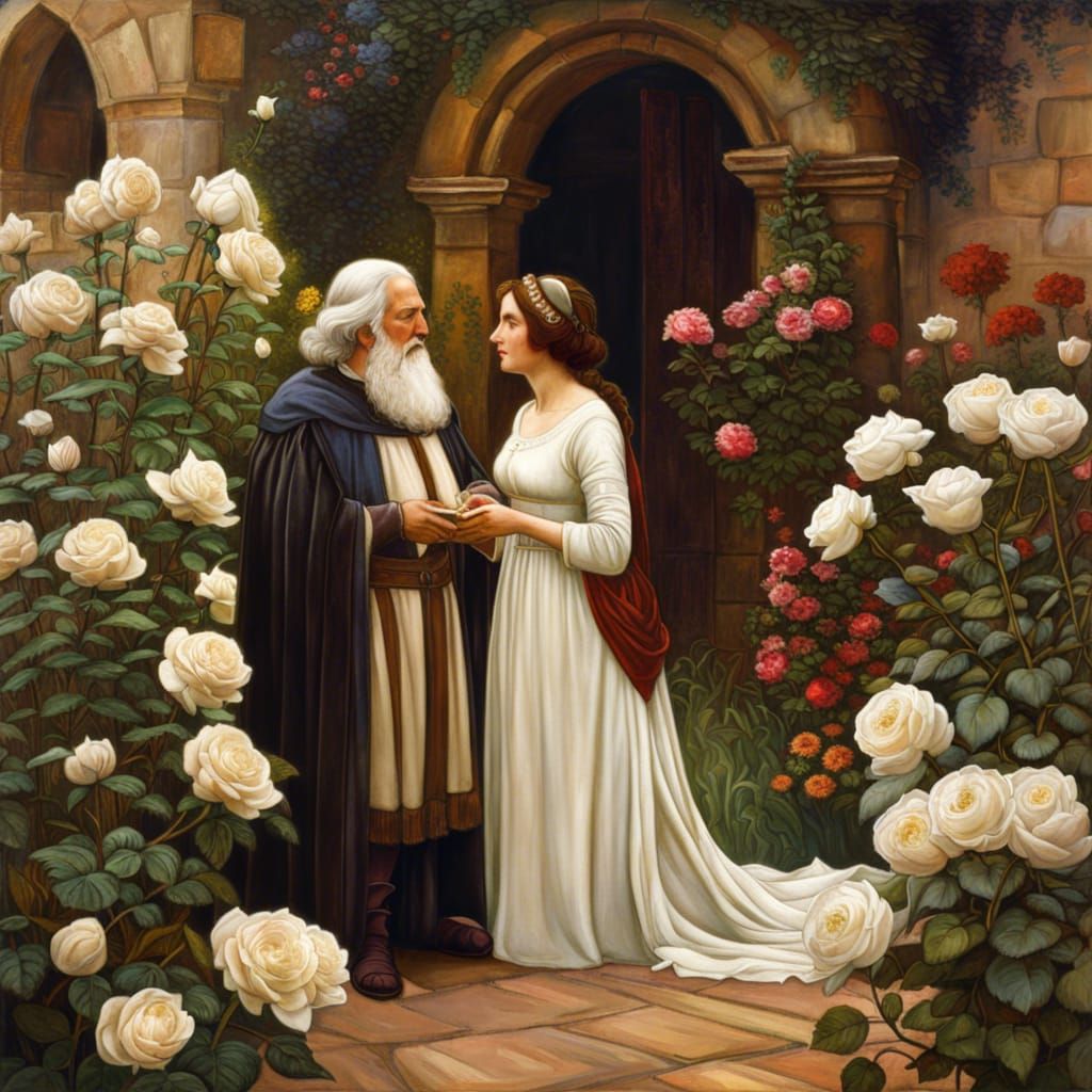 Medieval Couple in Rose Garden, Waterhouse Style