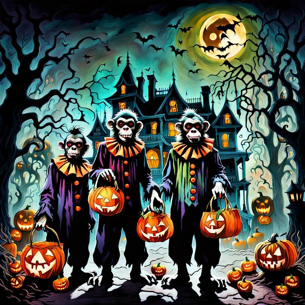 Zombie Monkey Clowns Trick-or-Treating: Surreal Oil Painting