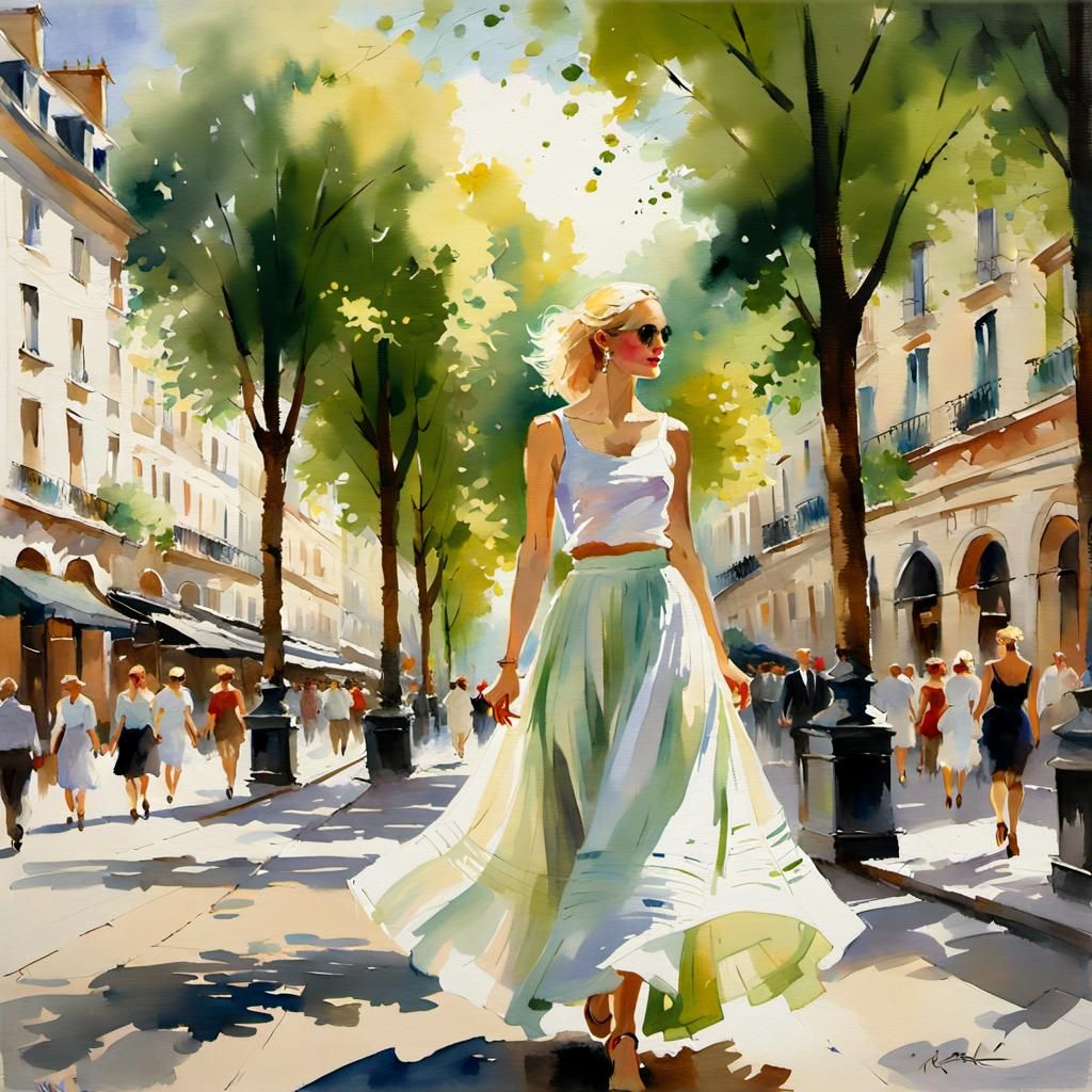 Elegant Woman Strolling a European Street, Watercolor Style