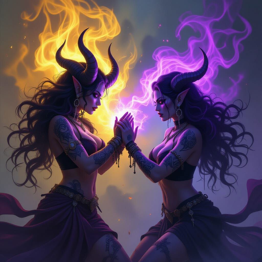 Demon Women Battle Spectral Ghosts in Dark Fantasy Art