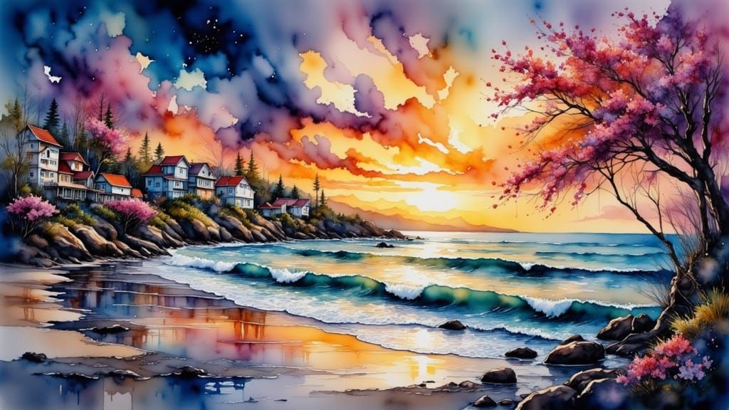 Sunrise Over the Oceanfront Town in Vibrant Synthwave Style