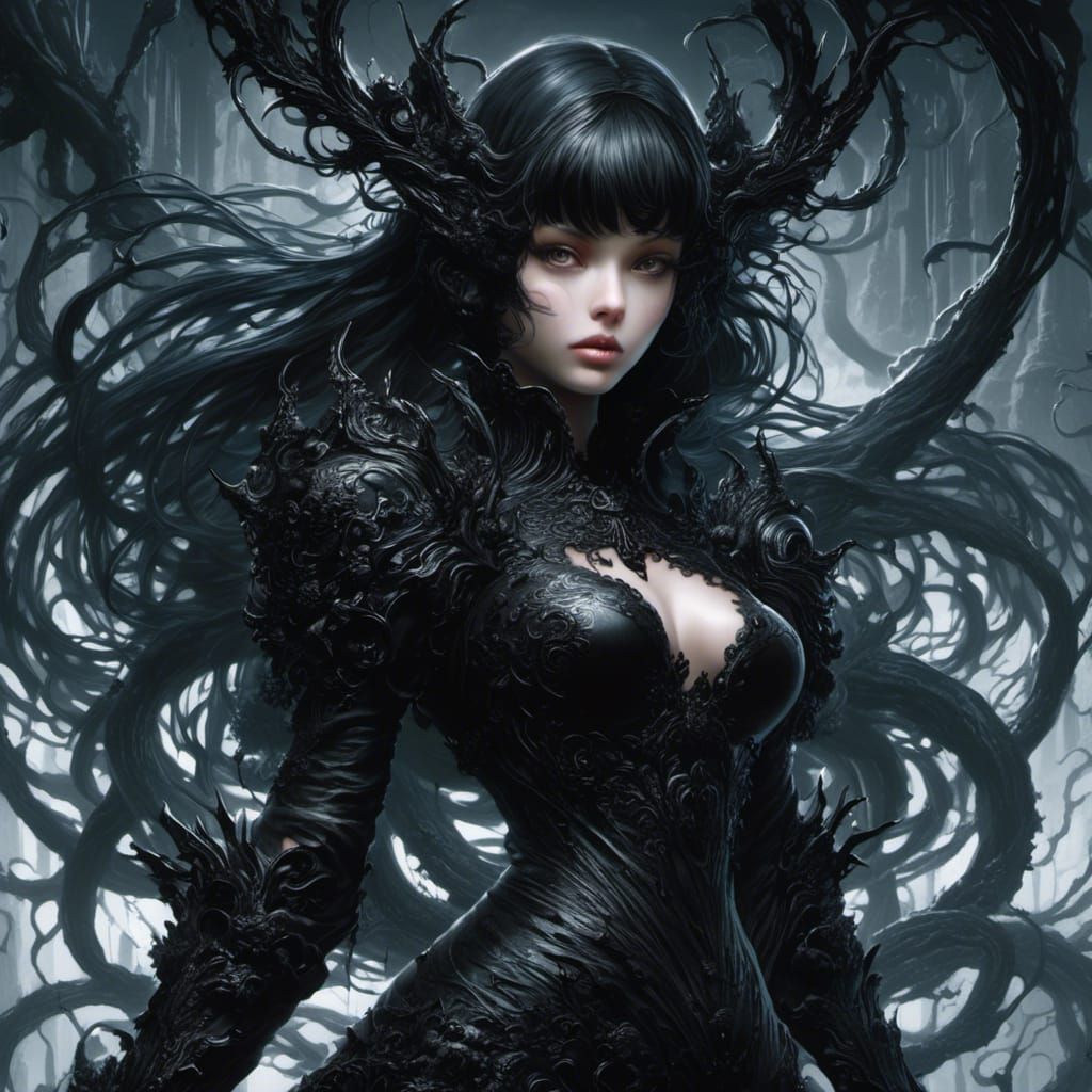 Black Slime Monster Girl in Graveyard, Digital Art