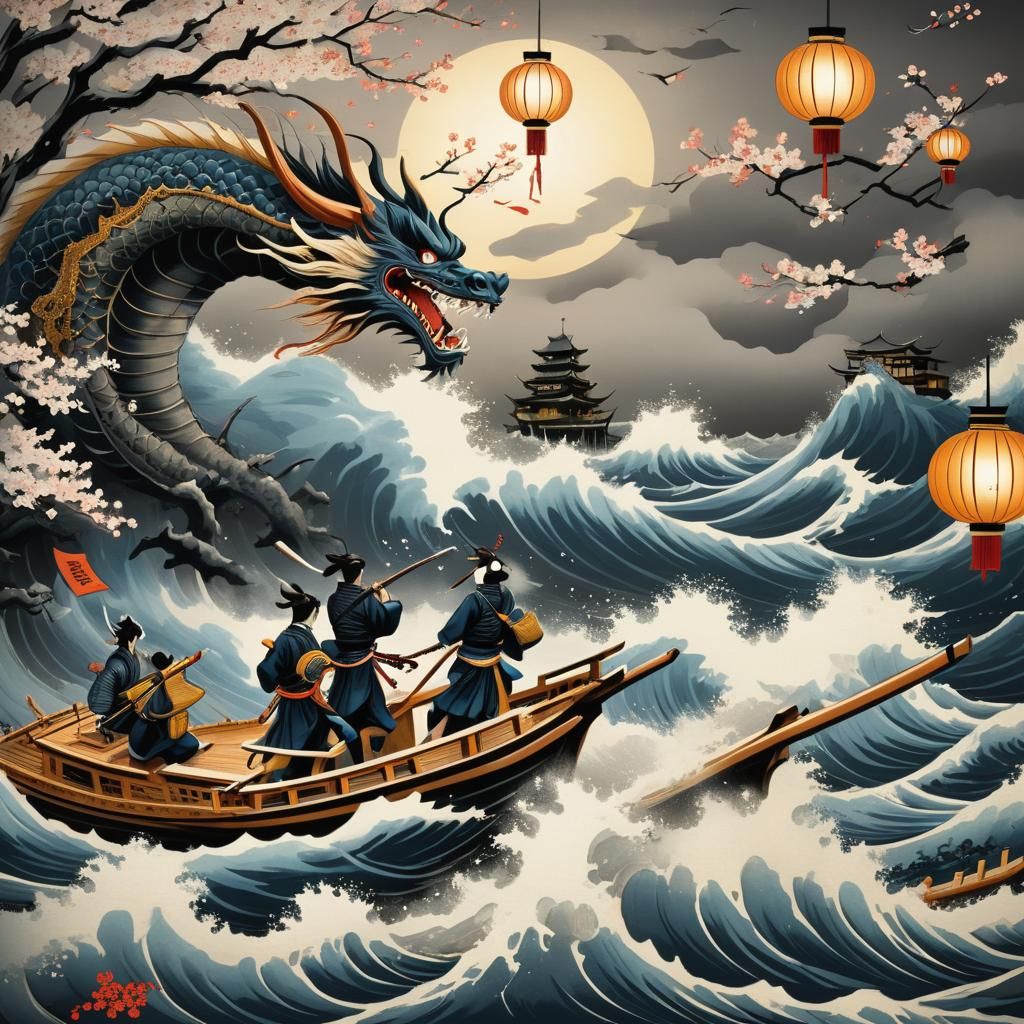 Samurai and Sea Dragon Battle in Ukiyo-e Style