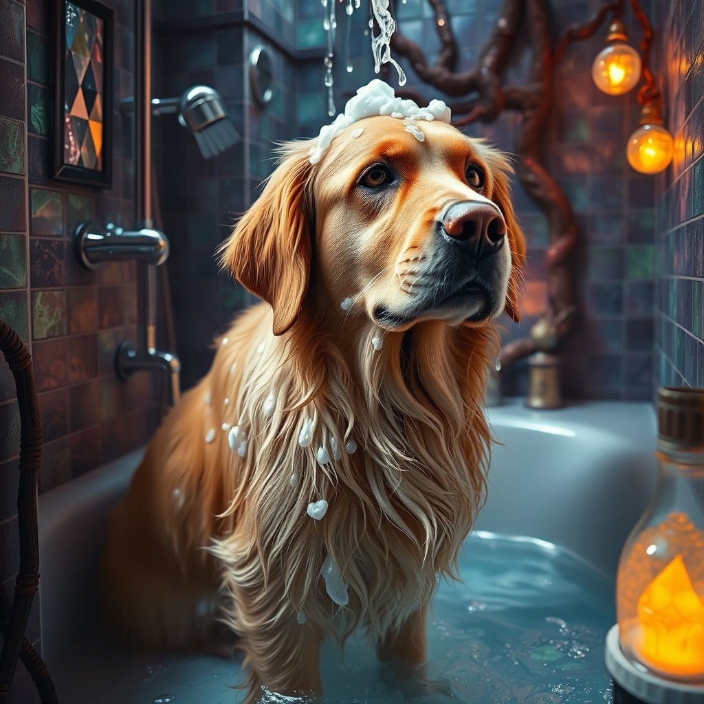 Golden Retriever's Mystical Shower: A Matte Painting