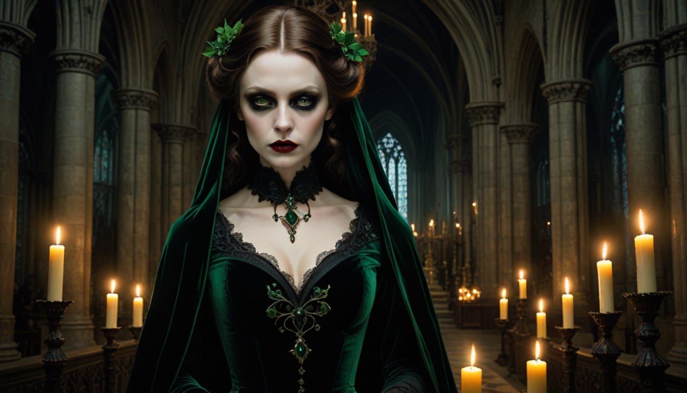 A hauntingly beautiful vampire with deep emerald green eyes