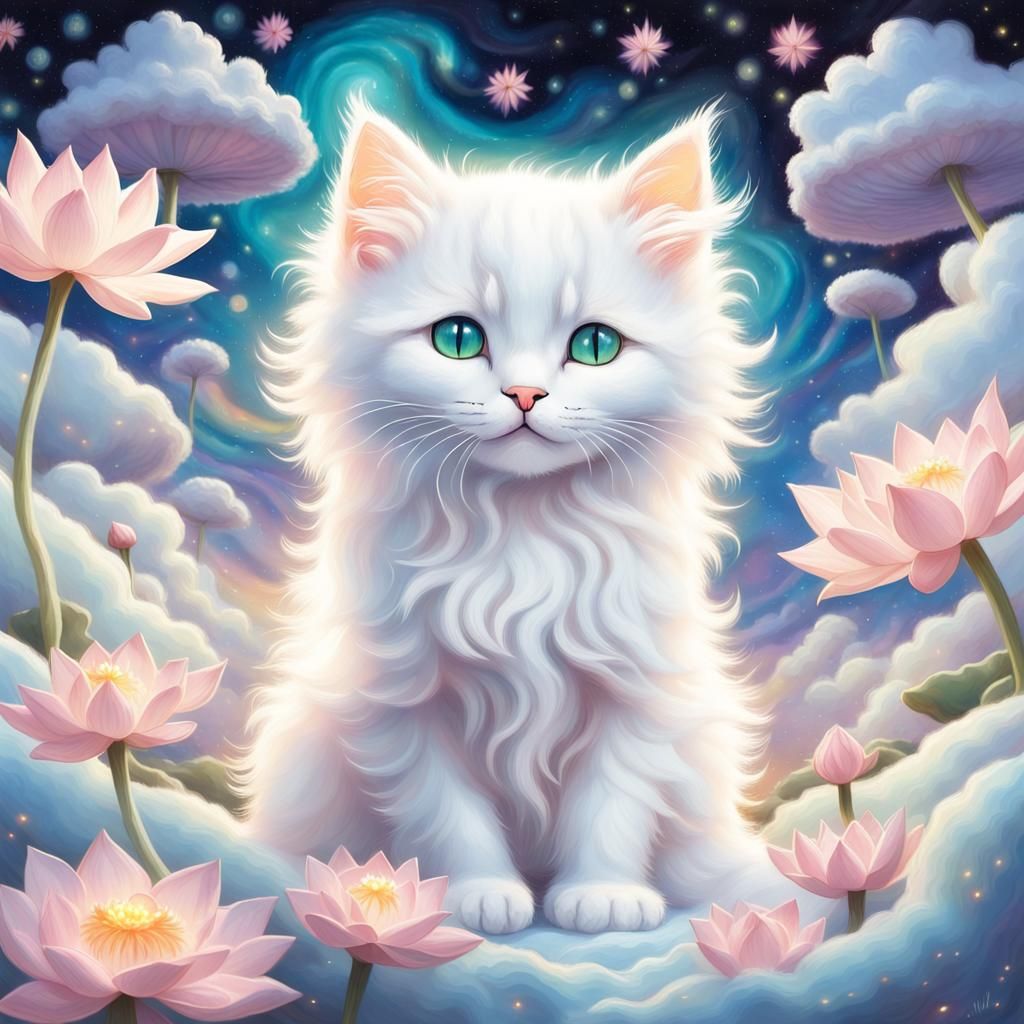 Mystical Iridescent Kitten in Dreamlike Ghibli Realm