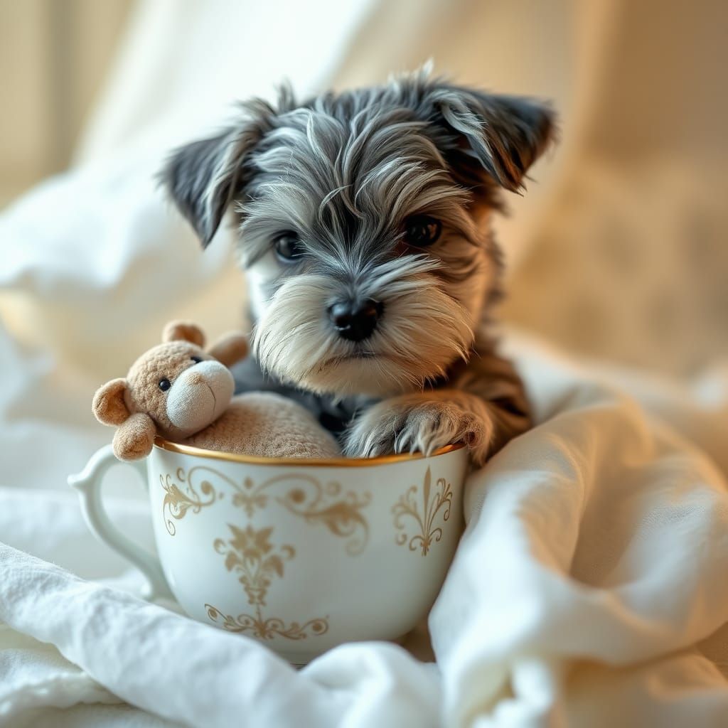 Cute Schnauzer Puppy in Cup, Dutch Master Style