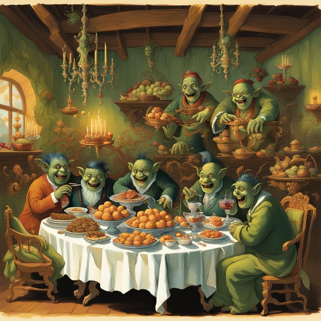 Trolls Observe Banquet in Surreal Cyberpunk Style