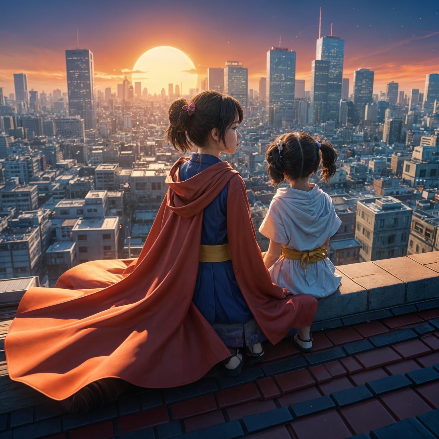 Japanese Female Superhero and Daughter Watch Tokyo Sunset