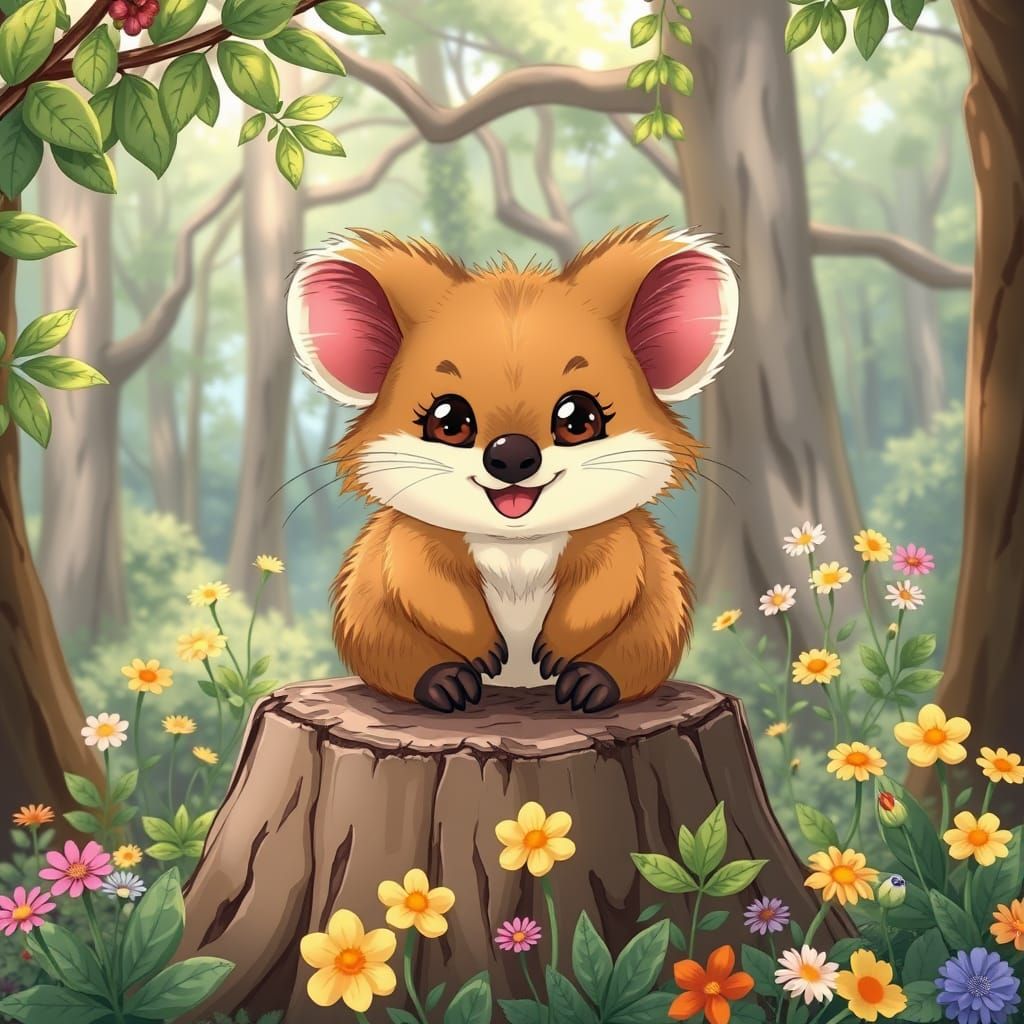 Cute Quokka Surrounded by Wildflowers in Anime Style