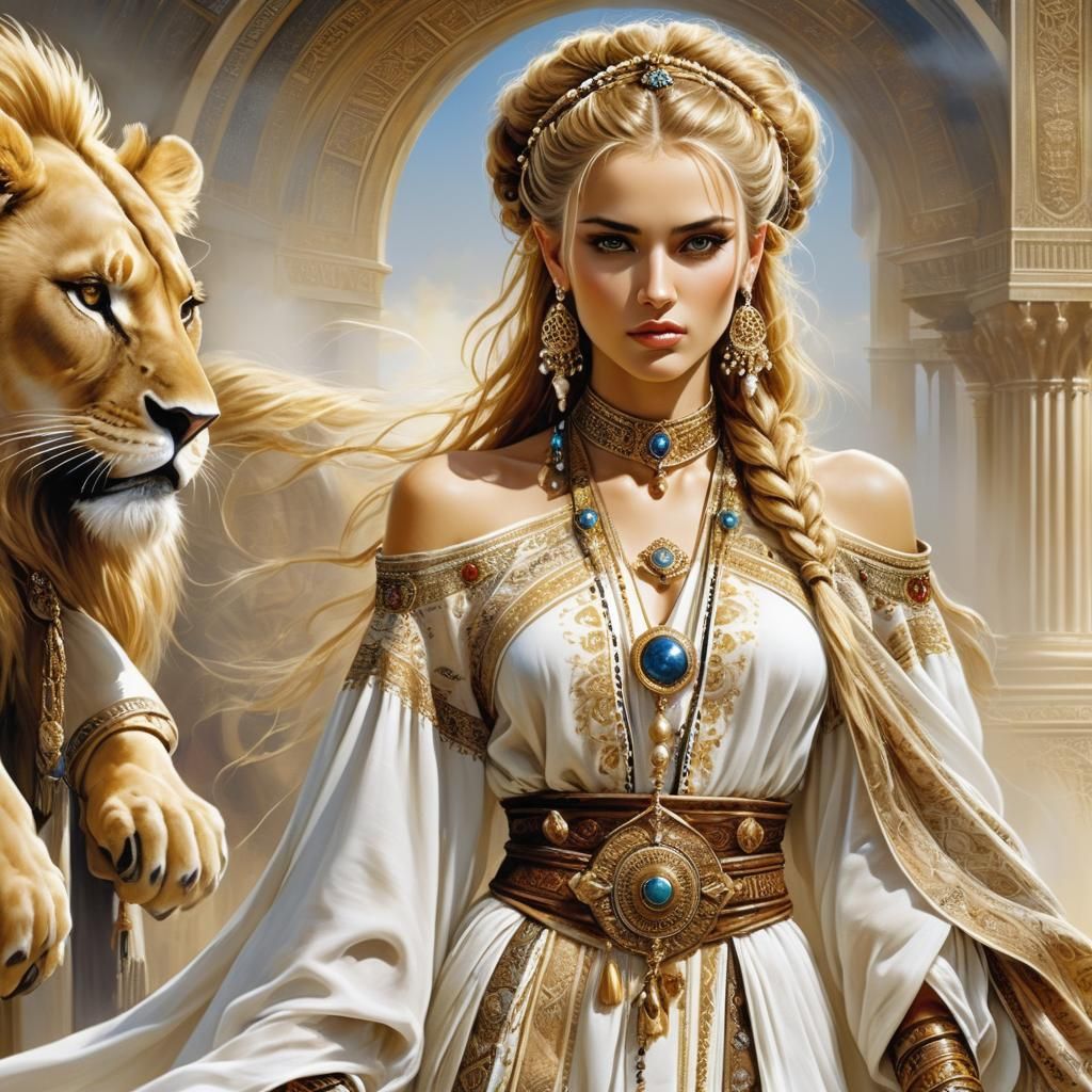 Bulgarian Queen with Saber-Toothed Lion in Hyperrealism