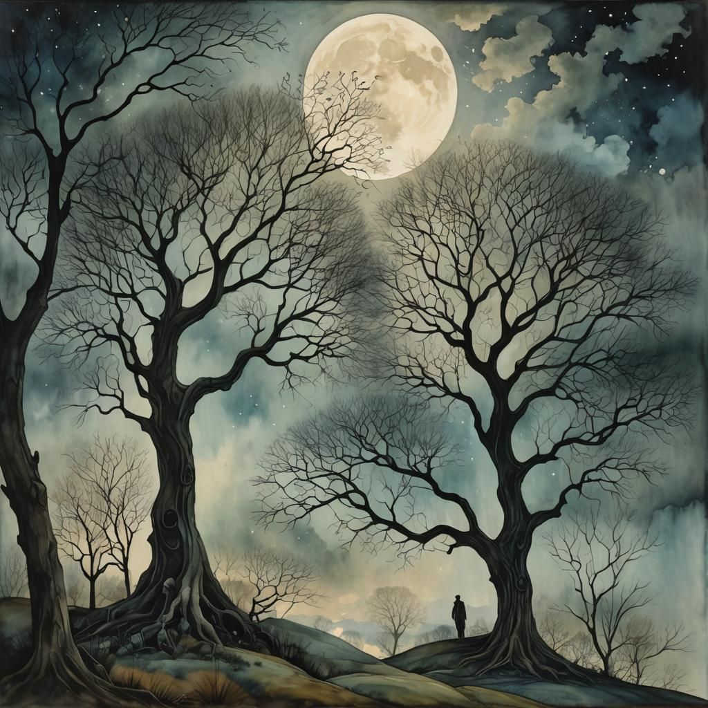 Figures in Moonlit Sky: Surrealist Watercolor Art
