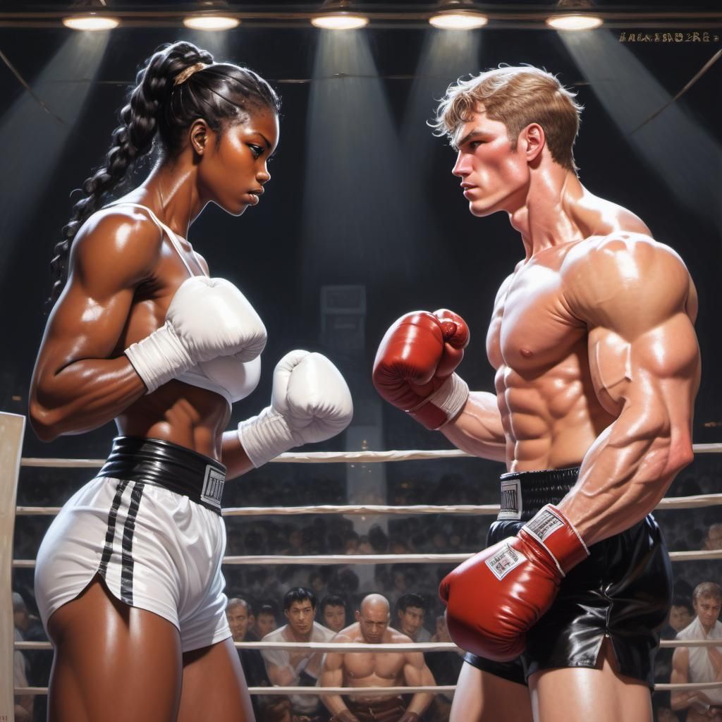 Muscular Woman Faces Man in Manga Boxing Match