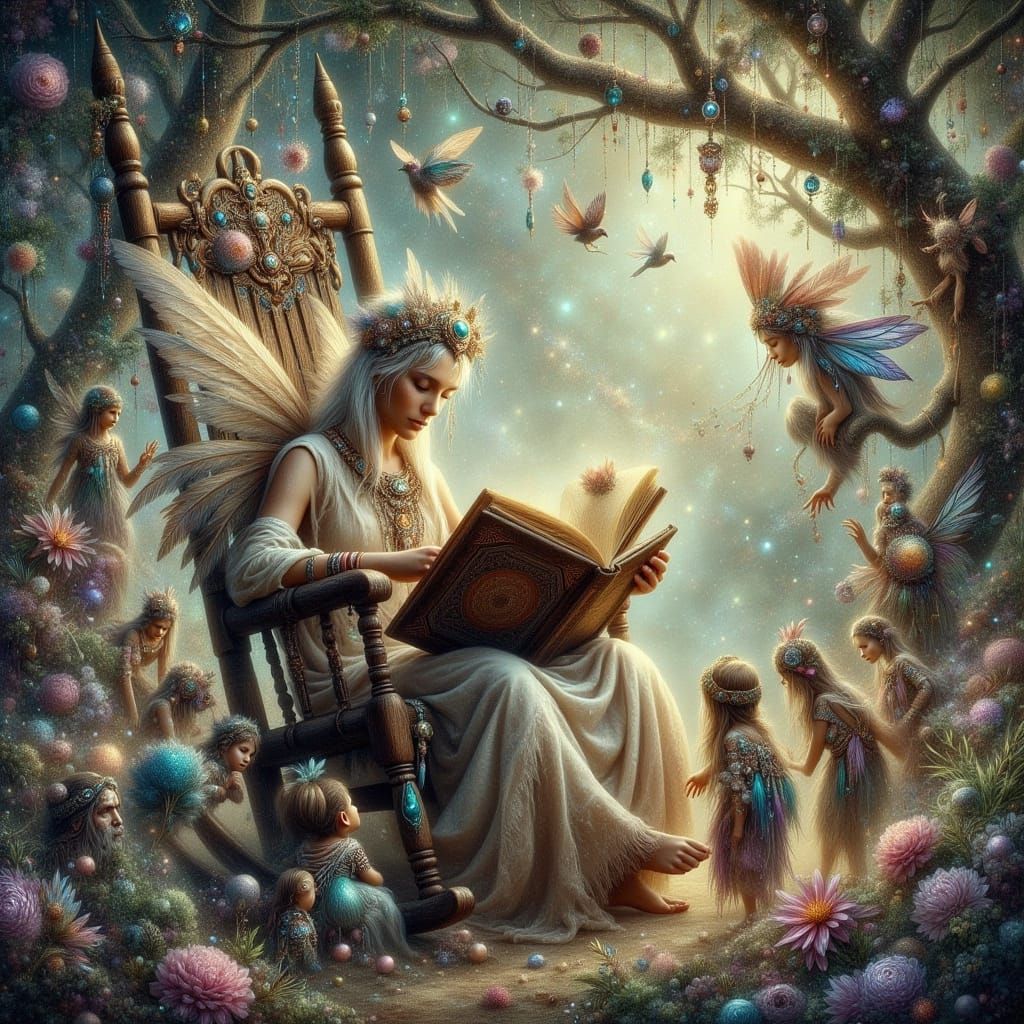 Fairy Reading to Elves in Sun-Dappled Forest