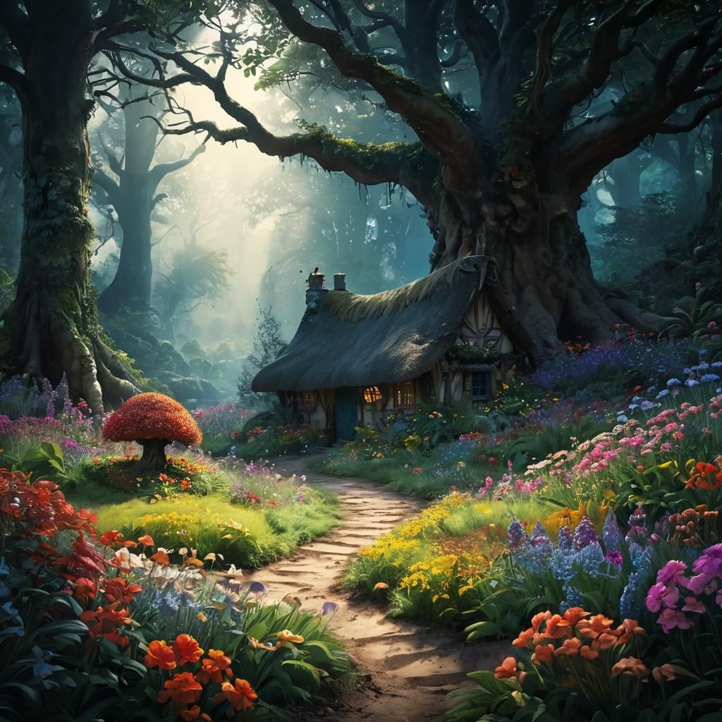 Fairyland Landscape with Talking Flowers in Gouache Style