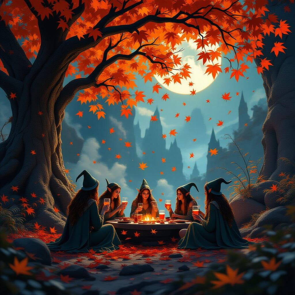 Elves Enjoy Moonberry Cider Under Autumn Trees