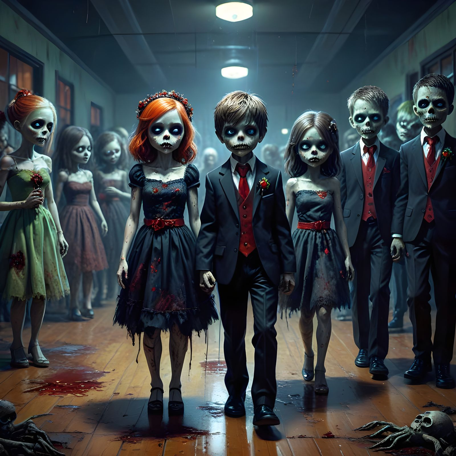 Chibi Zombie Prom Night in Vibrant Oil Painting Style