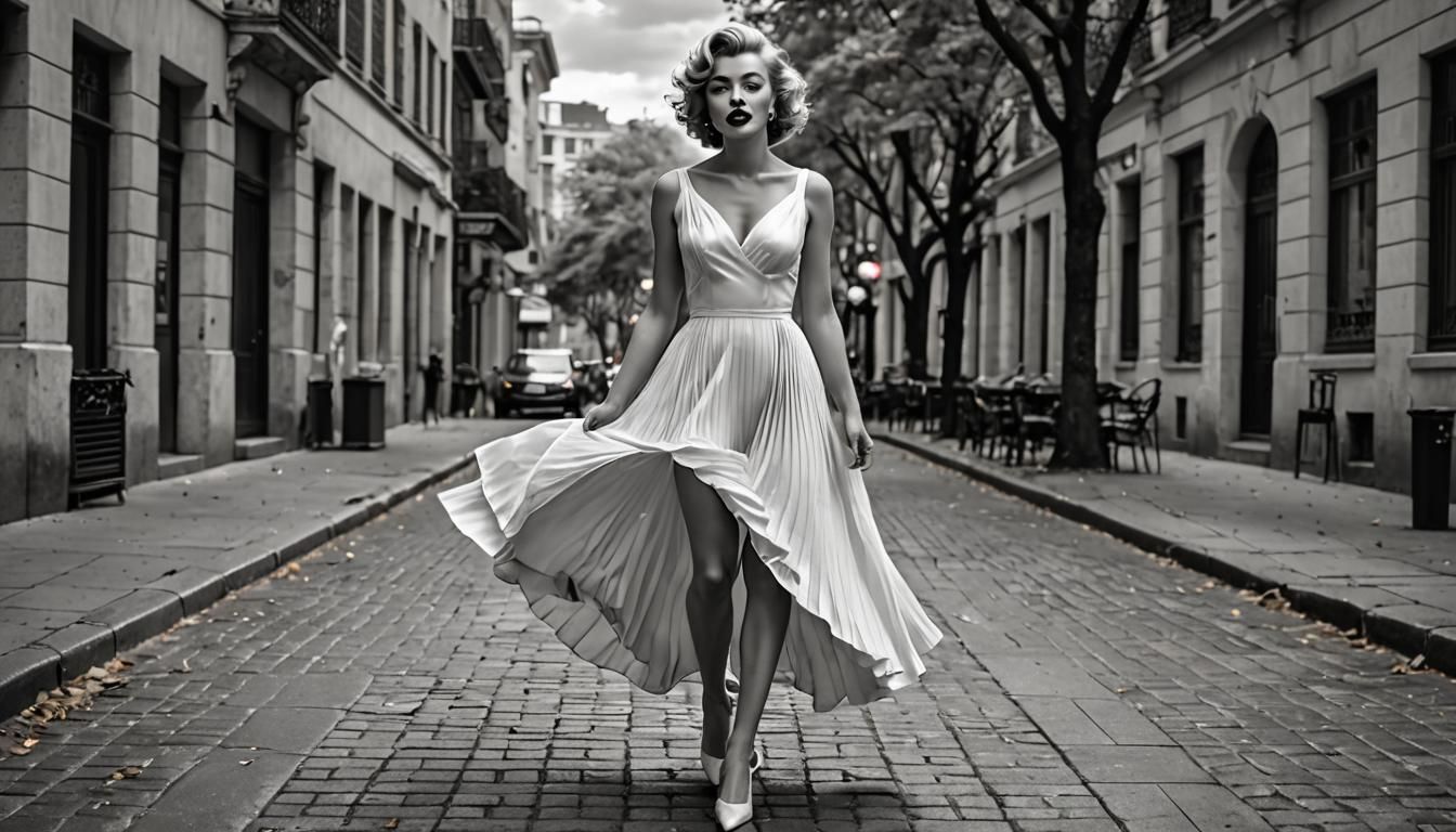 Monroe-esque Woman in White Dress, Black and White Photo