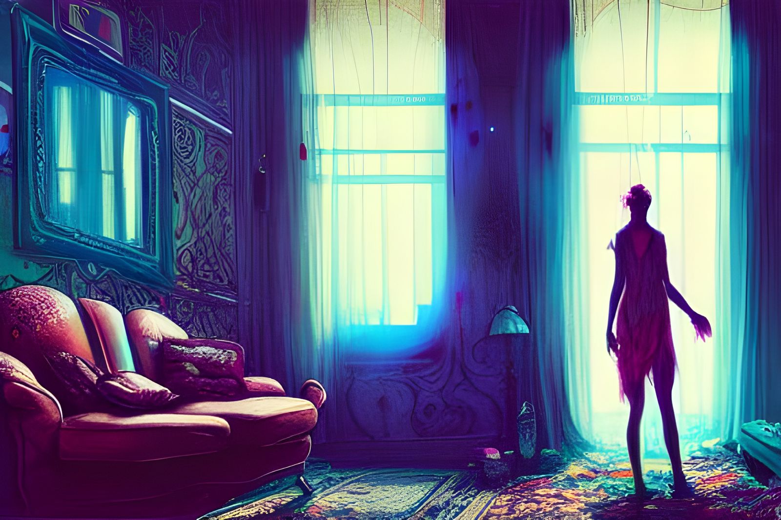 Surreal Apartment of Lonely Girl in Vibrant Colors