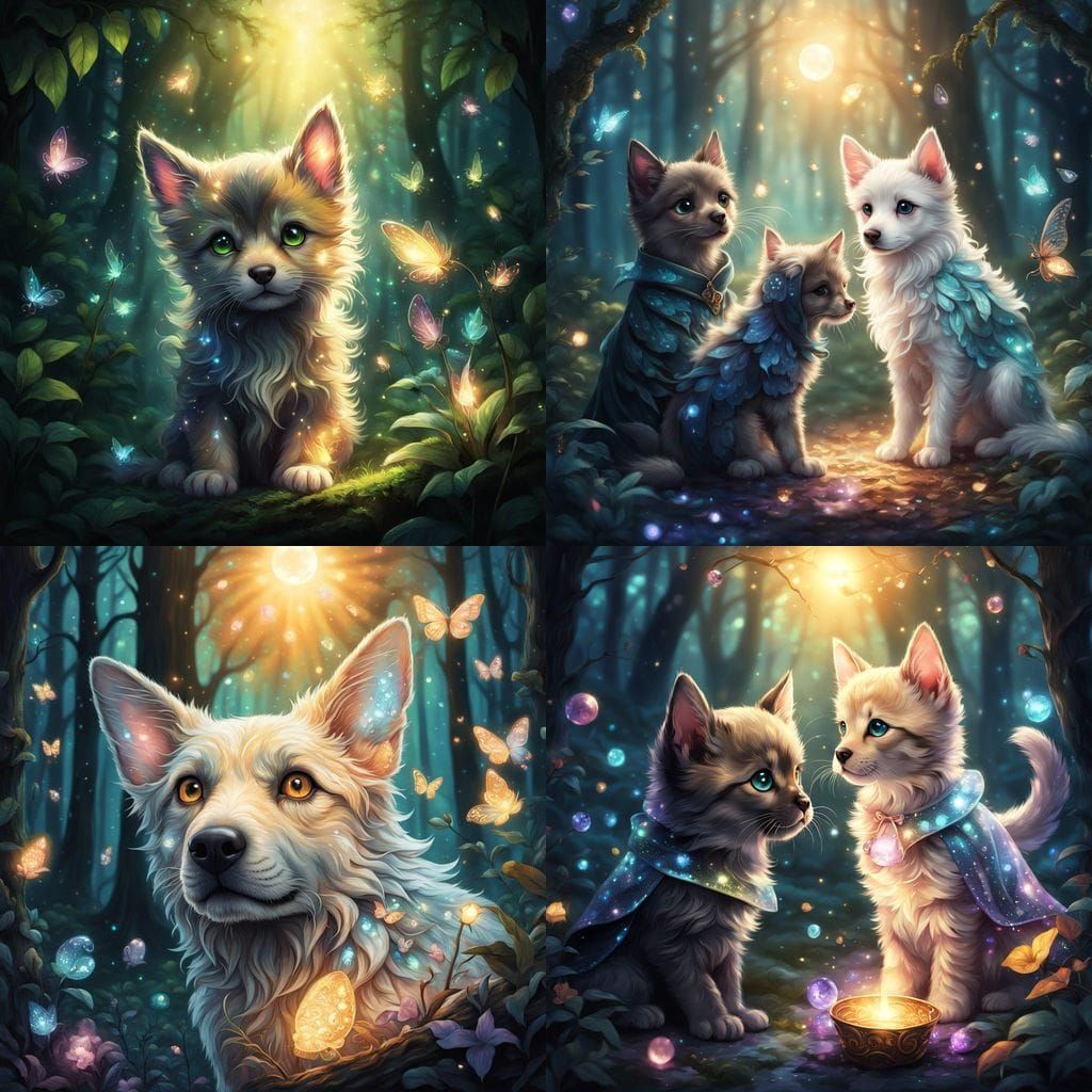 Whimsical Wizard Kitten Conjures Glowing German Shepherd