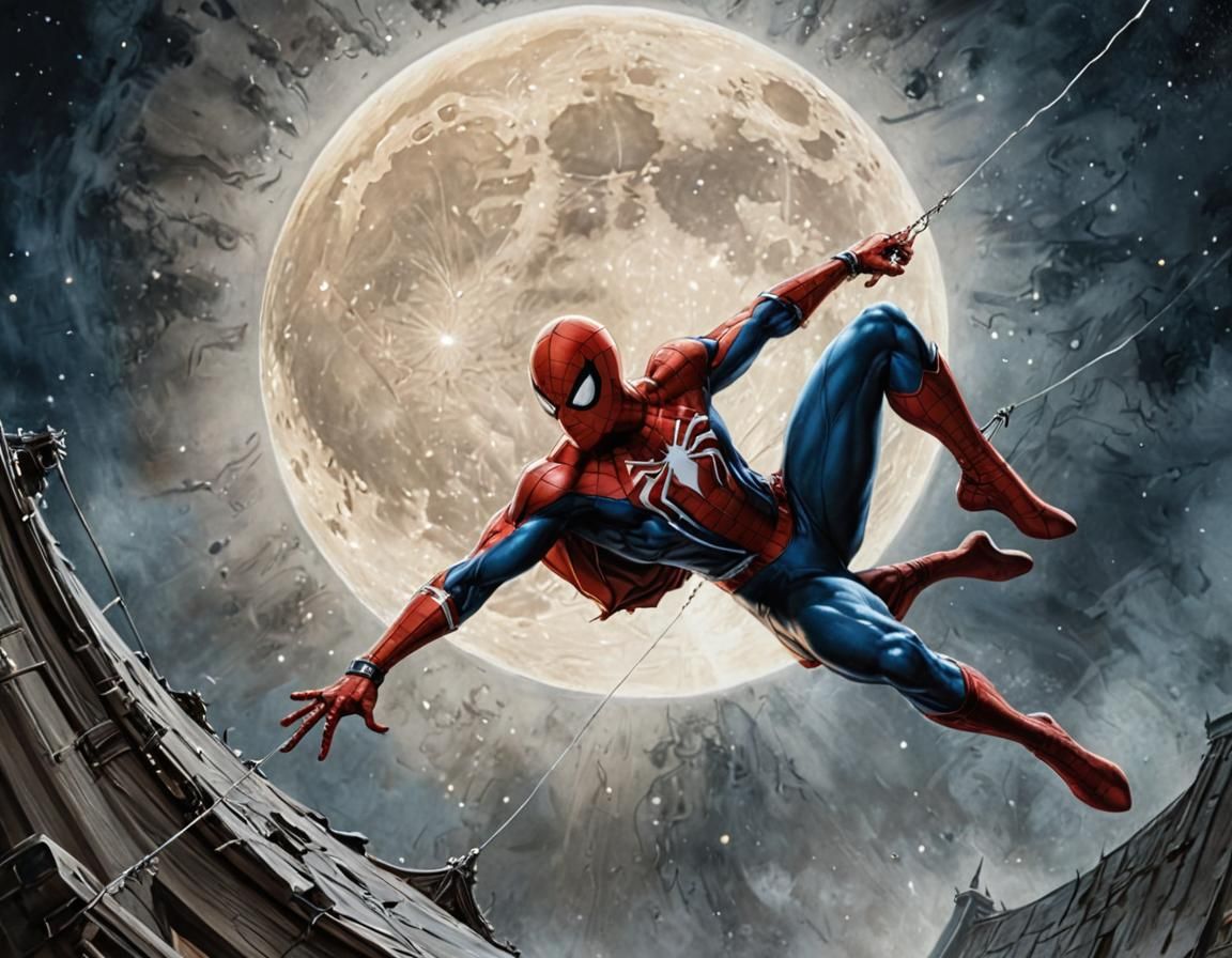 Spider-Man Swings Before Moon, Luis Royo Style