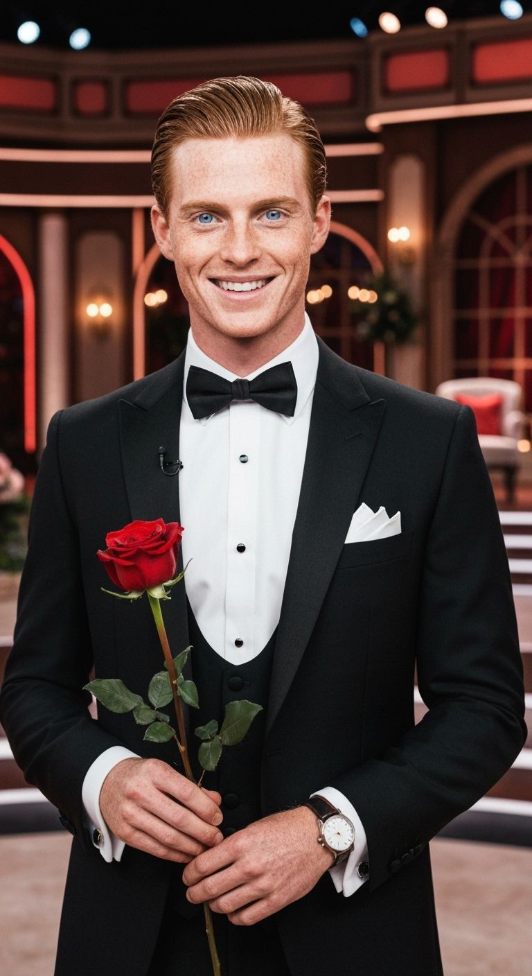 Ginger Man in Tuxedo Holding Rose, Hyperrealistic Style