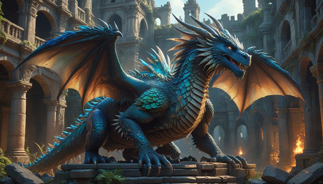 Dragon Amidst Ancient Ruins in Vibrant, Photorealistic Fanta...