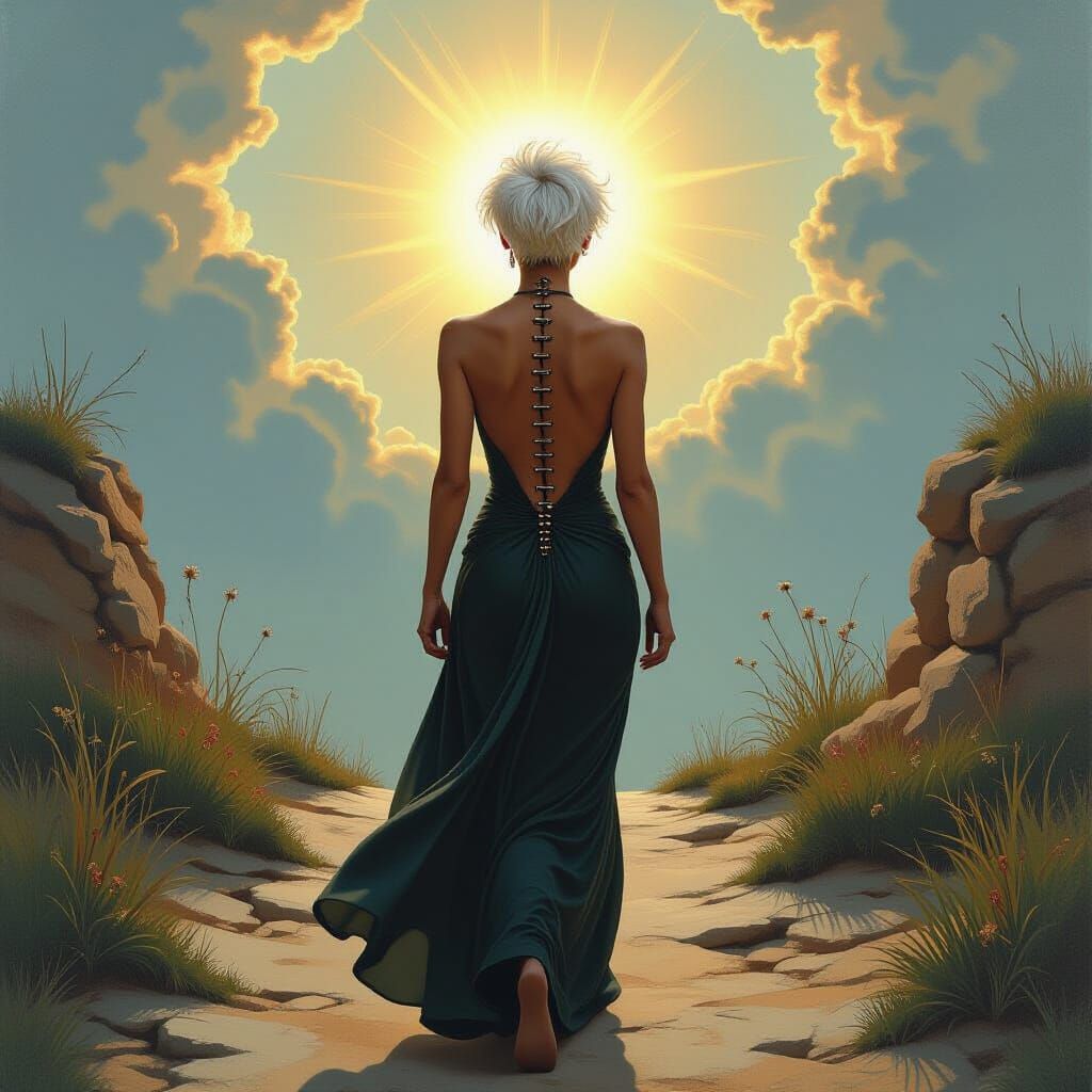 Warrior Woman with White Pixie Hair in Flowing Dress