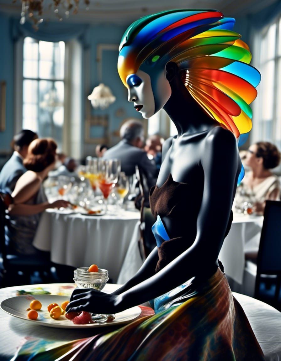 Polychromatic Alien at Table: Hyperrealistic Digital Art