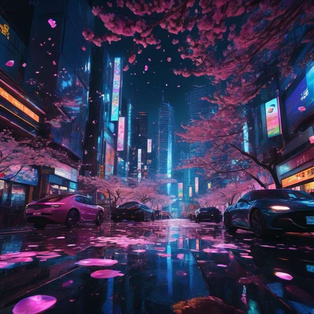 Cyberpunk Cityscape with Cherry Blossoms