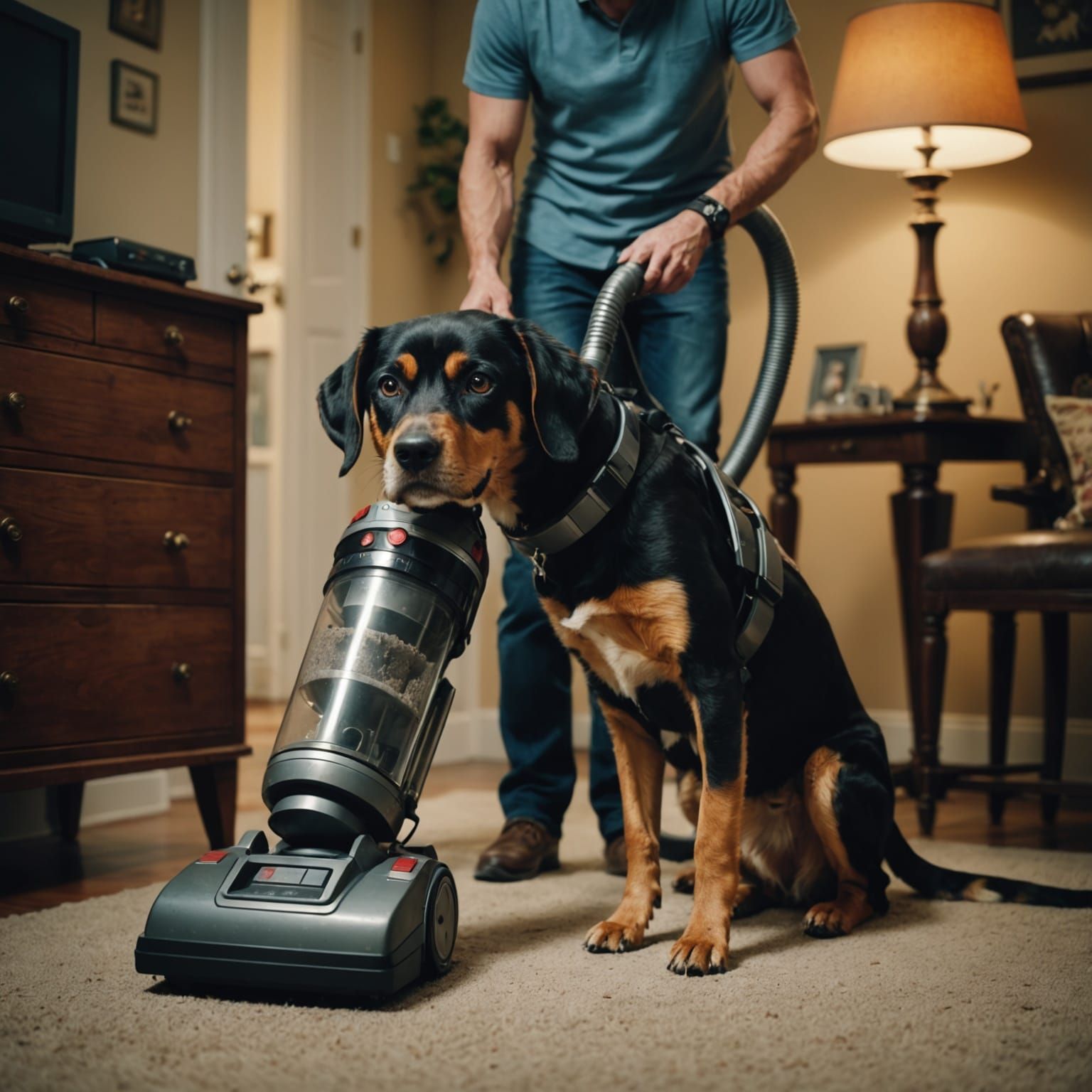 Dog Battles Vacuum Cleaner in Cinematic Film Still
